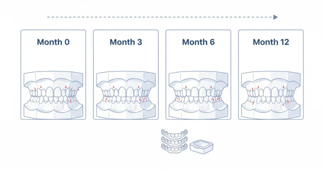 Timeline illustrating teeth straightening progress with aligners