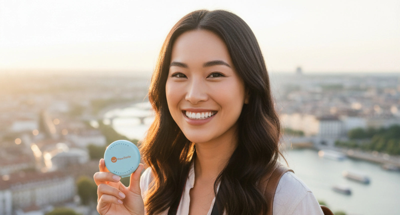 Person traveling safely with clear aligners in case