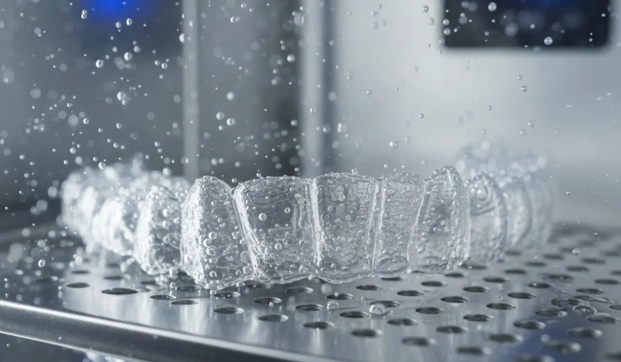 Close-up view of ultrasonic cleaning bubbles impacting item surface