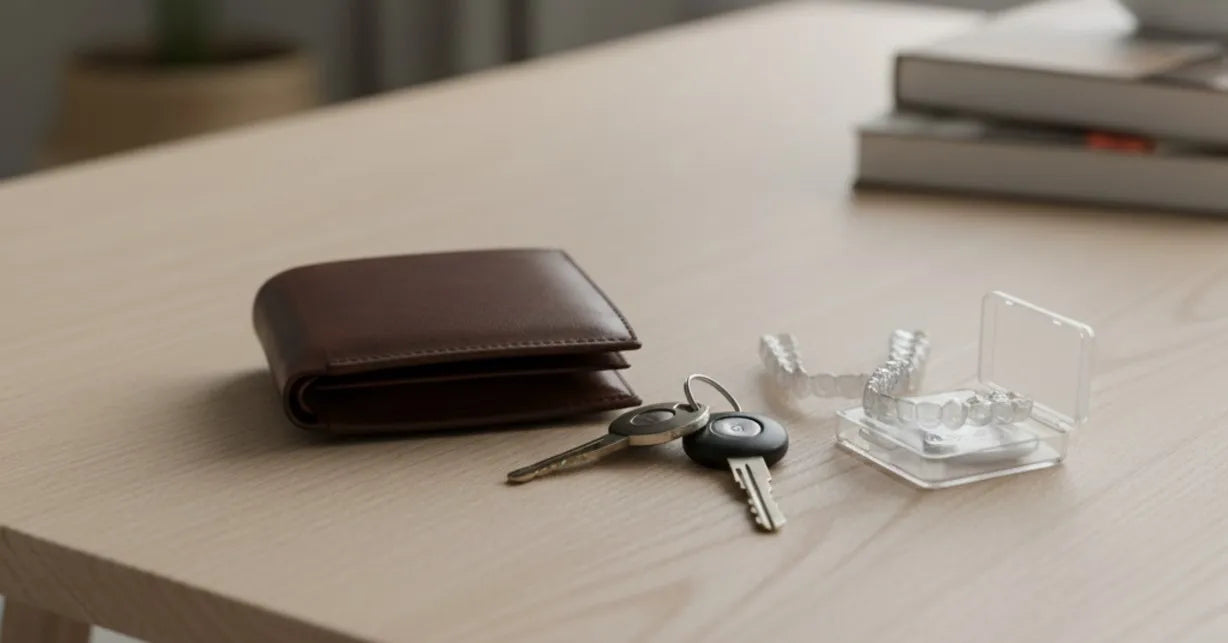 Clear aligners beside wallet and keys representing lost or replacement cost