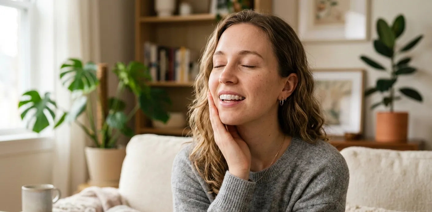 Adult wearing clear retainers experiencing relief from jaw pain and TMJ discomfort