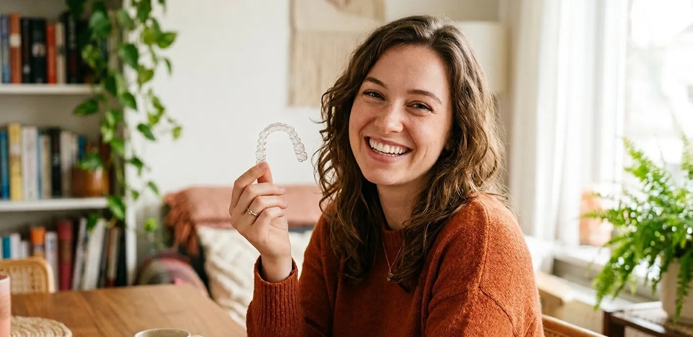 Person holding a NewSmile clear retainer, demonstrating proper orthodontic retention and smile maintenance.