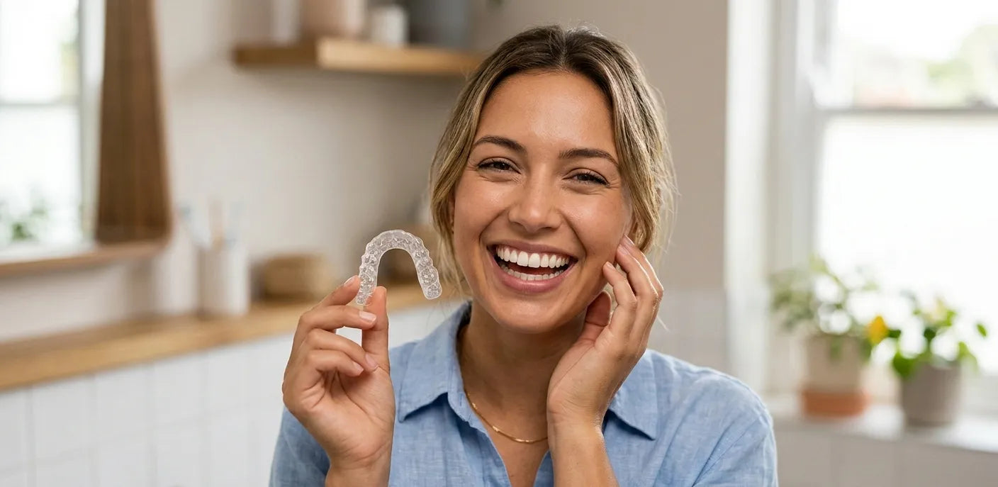 NewSmile clear retainer being held to showcase clear orthodontic alignment and durable design.