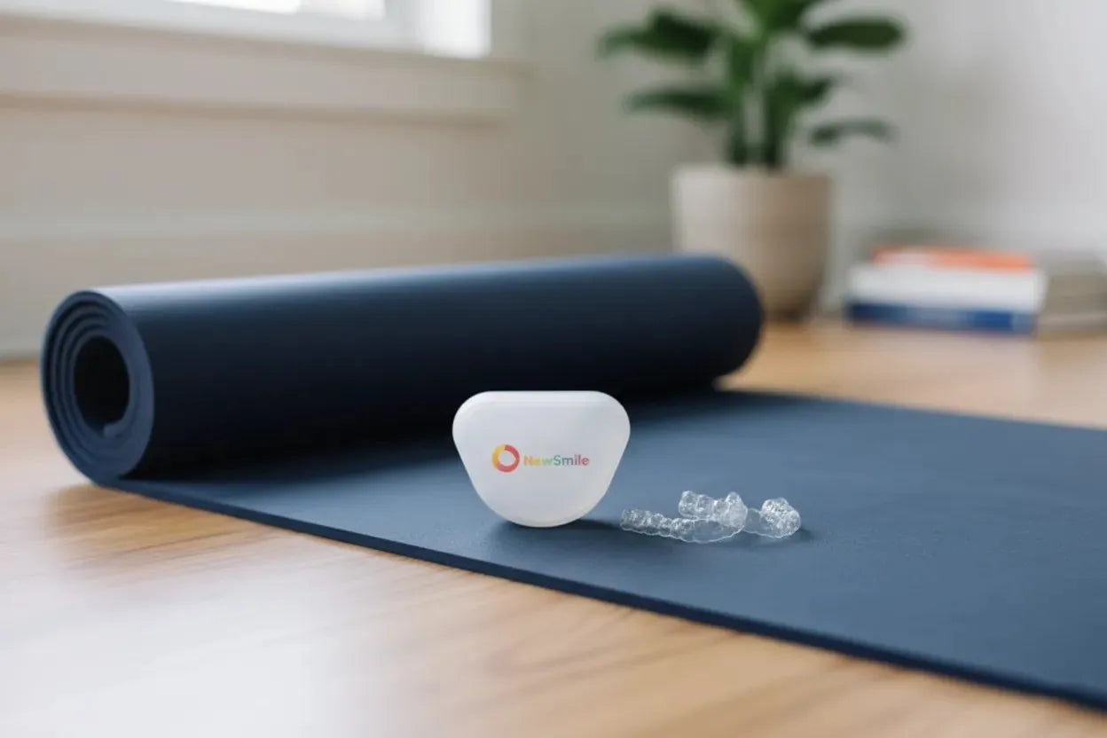 Yoga mat with night guard case placed on it.