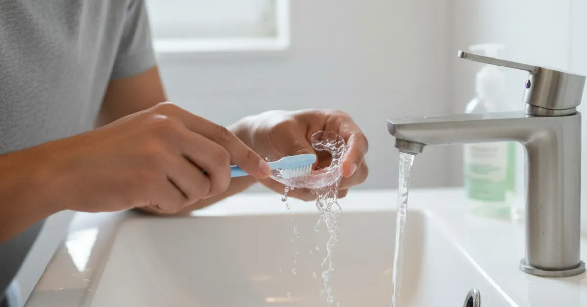 Person cleaning a clear retainer for fresh breath