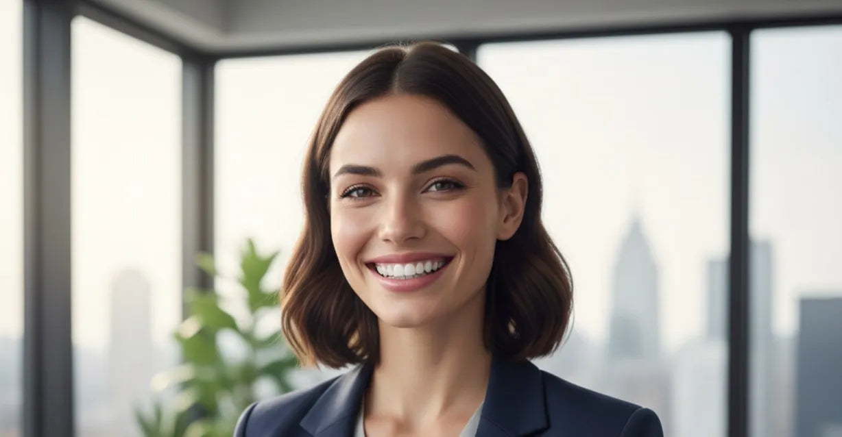 Confident professional wearing invisible clear aligners for teeth straightening