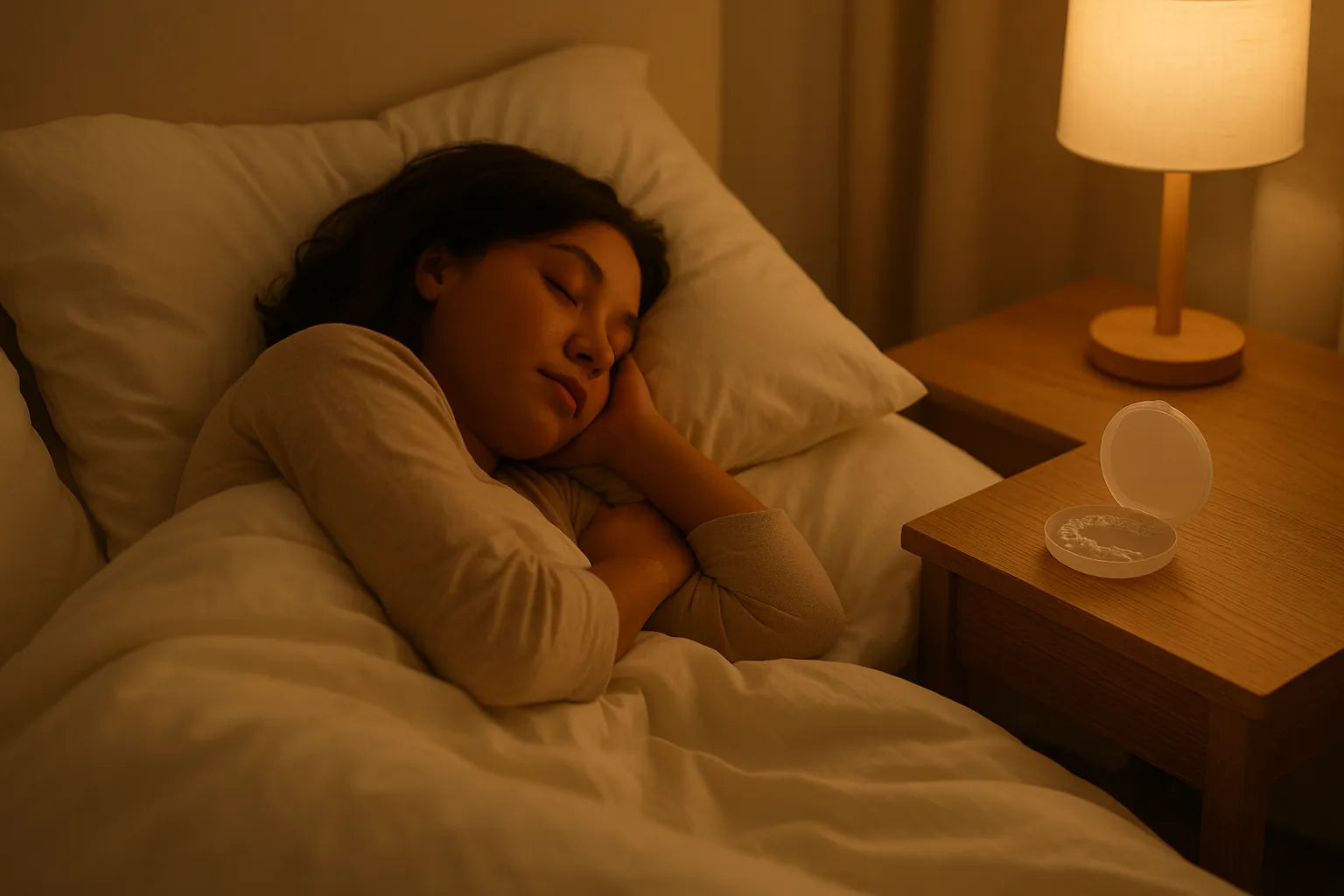 A person sleeping in bed and an aligners on a side table