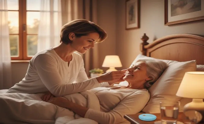 an image of a Caregiver assisting a person in putting on a night guard