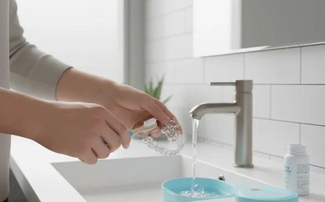 Person gently cleaning their clear retainers with a soft toothbrush in a bright bathroom.