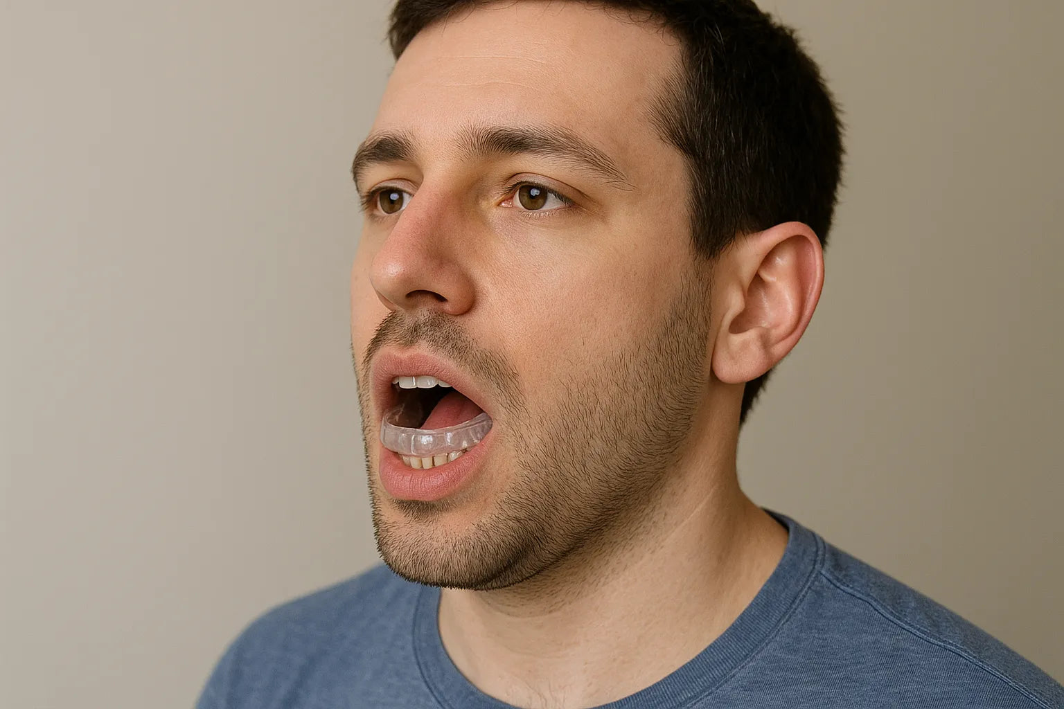 A close-up of someone practicing speech in the mirror while wearing a clear night guard — focus on clarity and confidence