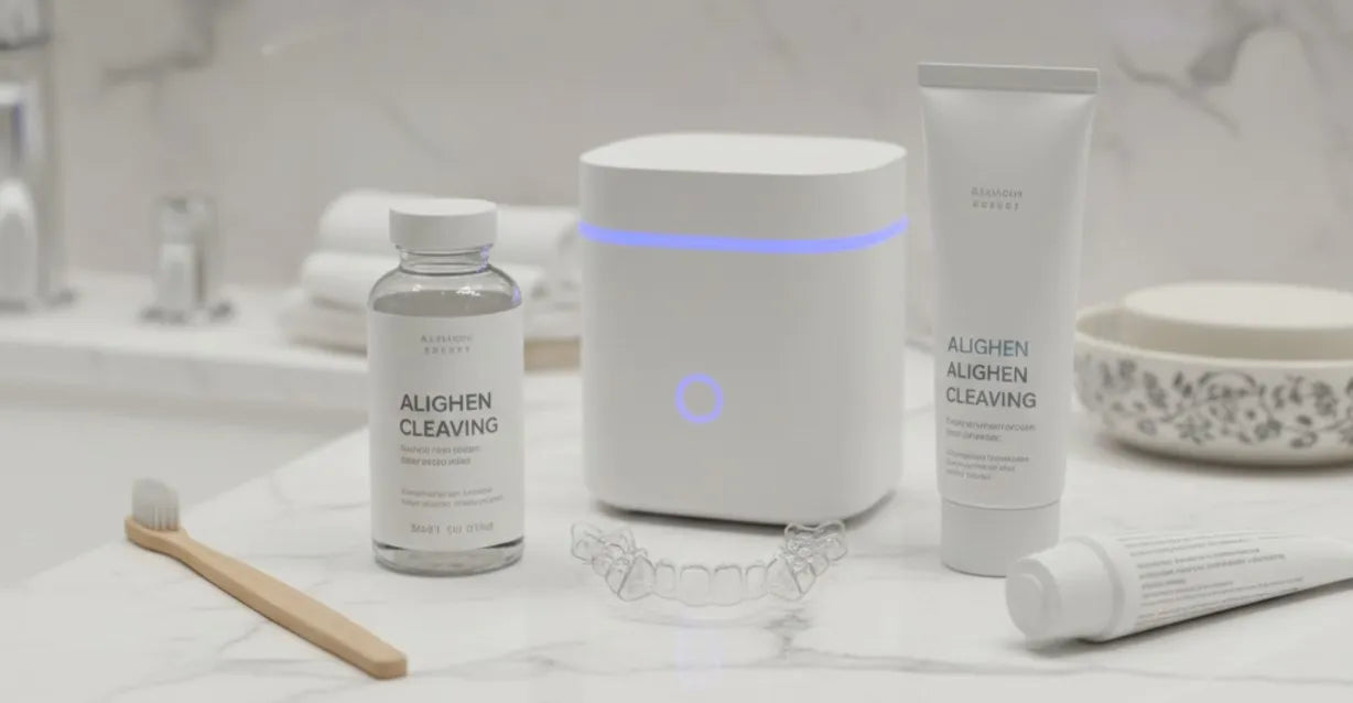 Young adult using clear aligners for teeth straightening at home