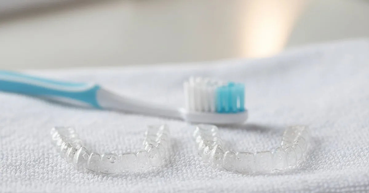 Clear aligners with toothbrush showing proper cleaning tools