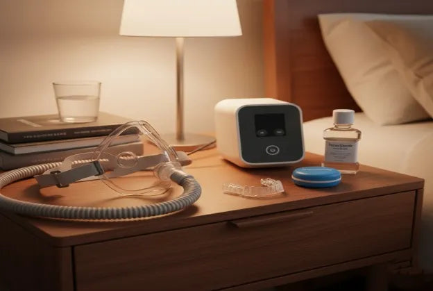 Here's an image comparing a CPAP mask and a dental night guard on a bedside table.