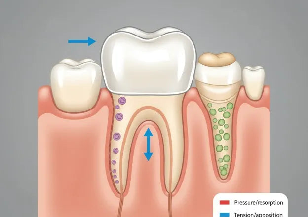Illustration of tooth movement biomechanics under aligner pressure.
