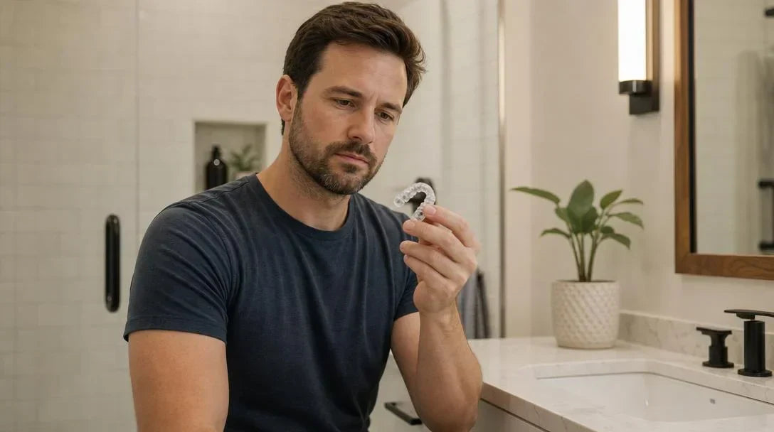 man holding custom night guard Canada for bruxism and teeth grinding — bathroom morning routine