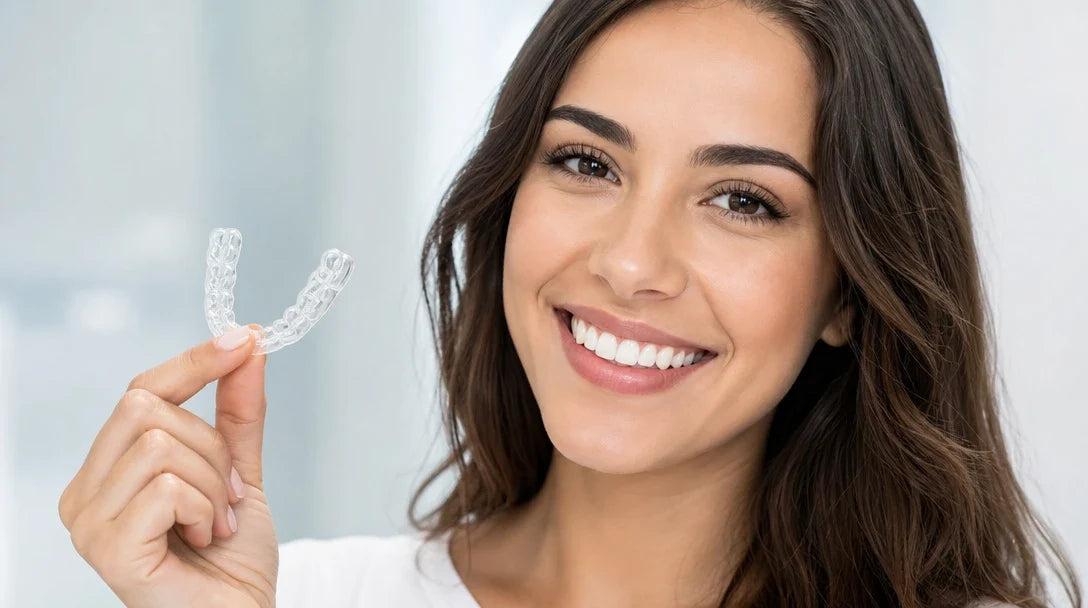 Smile Brilliant Canada retainer review - woman holding clear custom retainer appliance Canada 2026