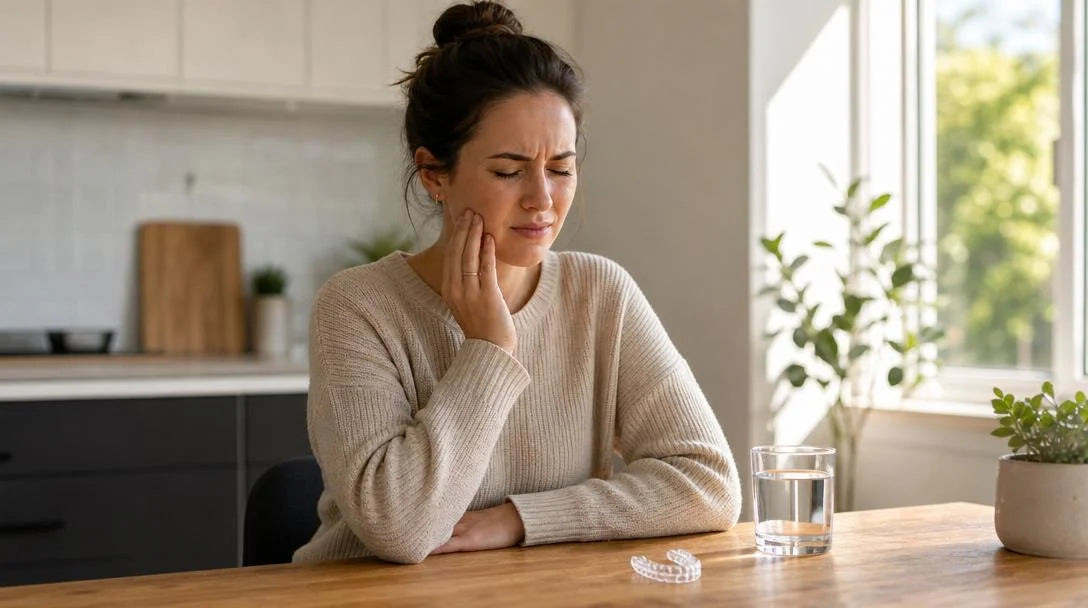 custom night guard Canada for TMJ jaw pain — woman touching jaw at kitchen table