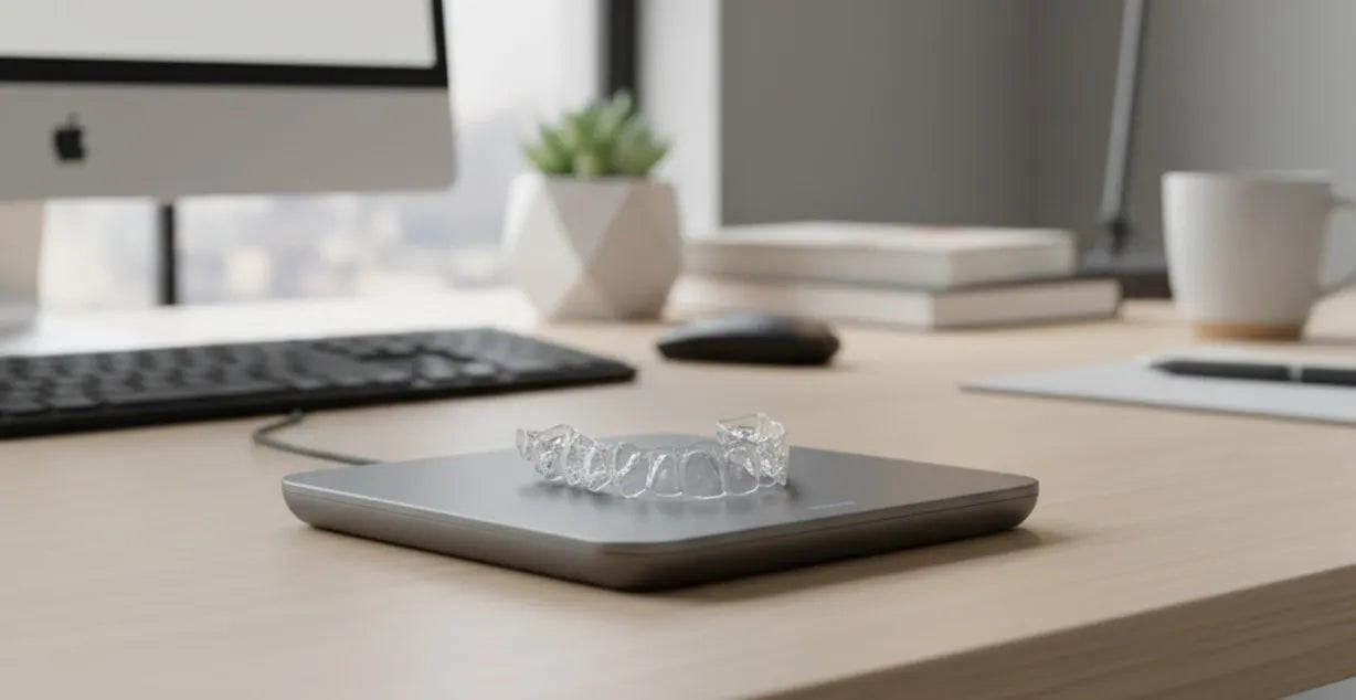 Clear aligners on desk for teeth straightening during remote work