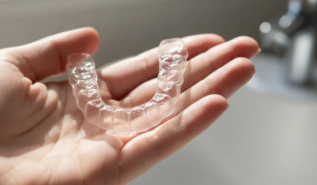 Clear Essix retainer being held between fingers