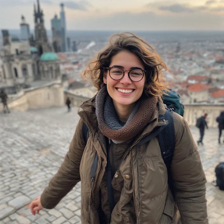 Lifestyle photo: smiling traveler exploring a city with aligners in place.