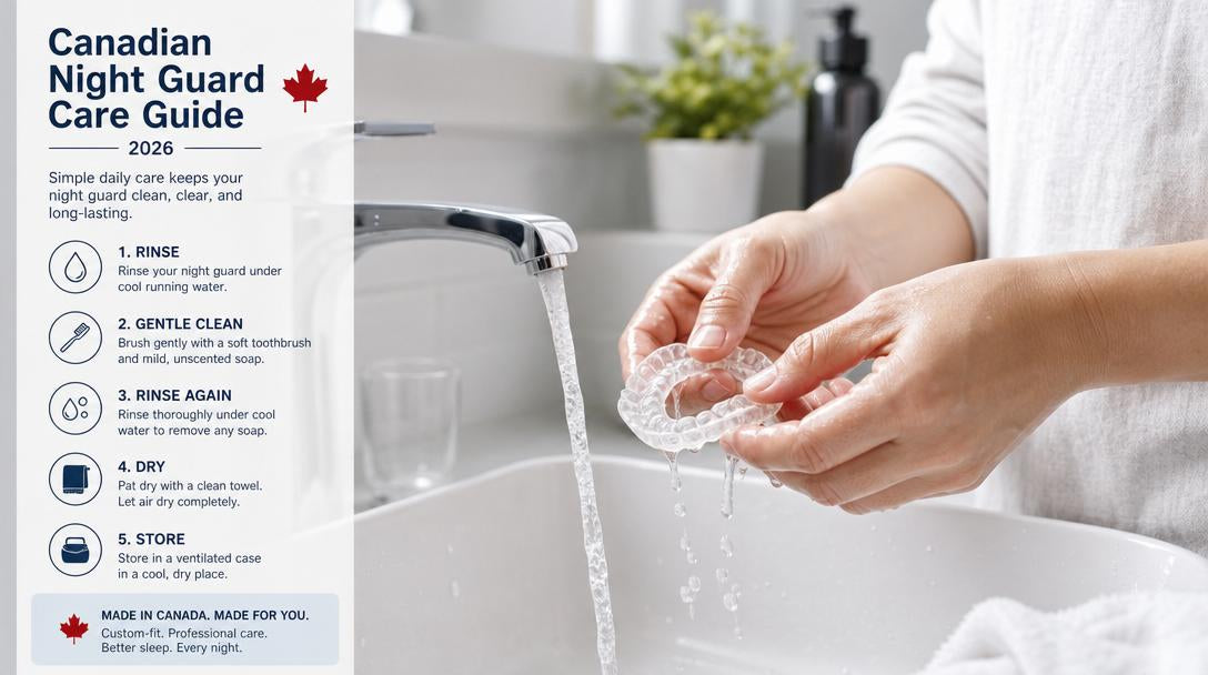 Person carefully rinsing a custom dental night guard under cool water at a bathroom sink — NewSmile Canada night guard cleaning guide 2026