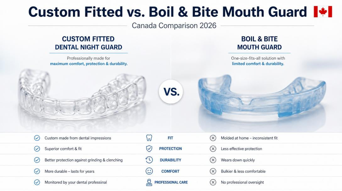 Custom dental night guard next to a generic boil-and-bite mouth guard for comparison — NewSmile Canada custom vs OTC night guard 2026