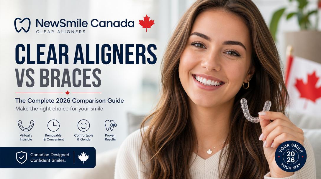 Young Canadian woman smiling confidently showing straight teeth — NewSmile clear aligners vs braces Canada 2026 comparison guide