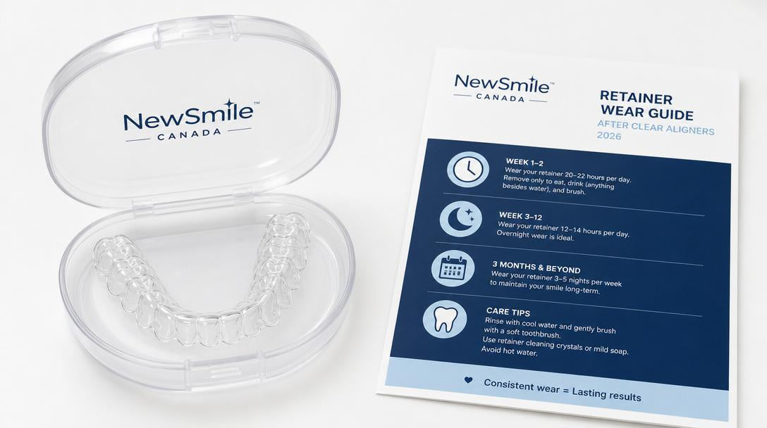 Clear Essix dental retainer in its case on a white surface — NewSmile Canada retainer wear guide after clear aligners 2026