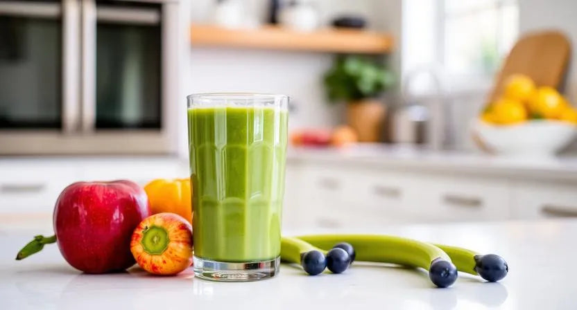 Green smoothie breakfast on a kitchen counter for clear aligner users.