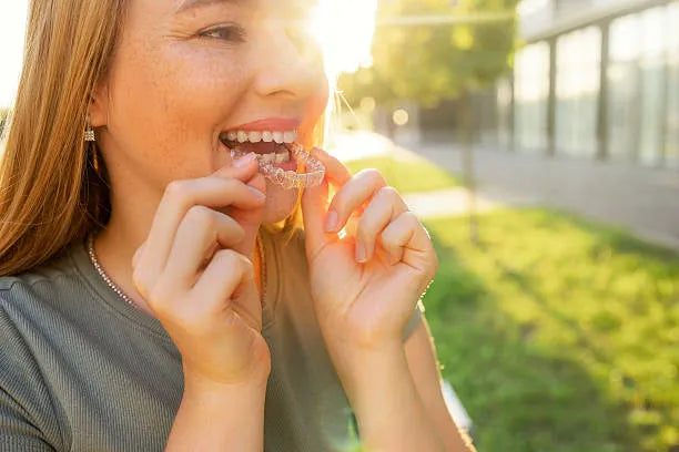 A woman smiles broadly while holding her clear brace, showcasing her bright smile and joyful expression