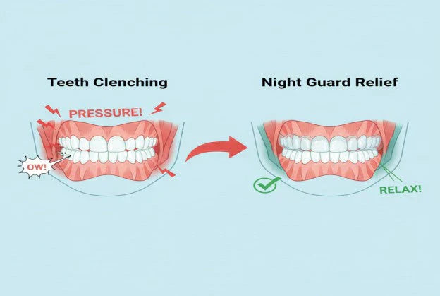 Illustration showing how night guards relieve jaw tension from clenching