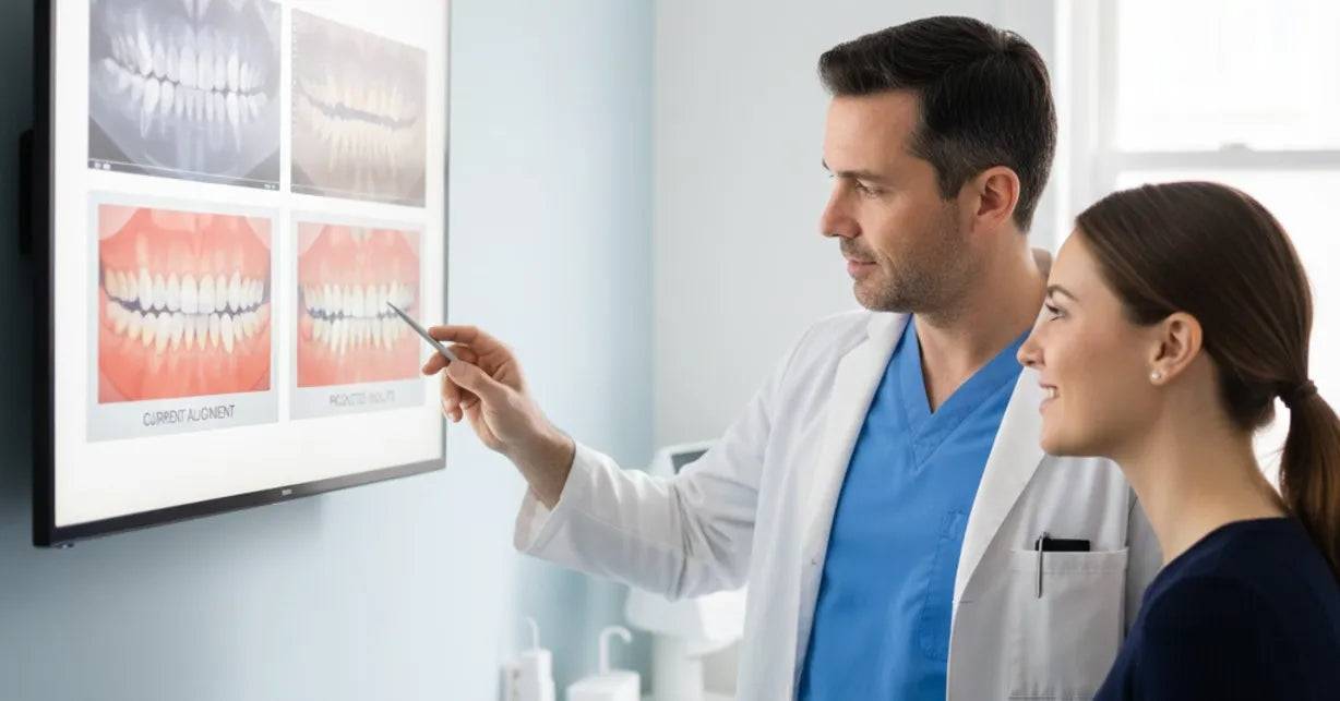 Smile assessment evaluation with a dentist analyzing teeth alignment and bite for clear aligner treatment.