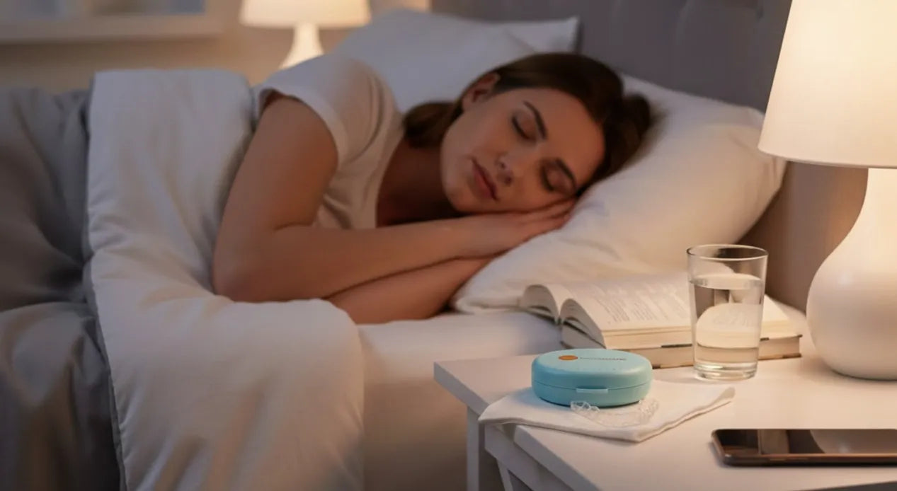 A person sleeping in bed and an aligners on a side table