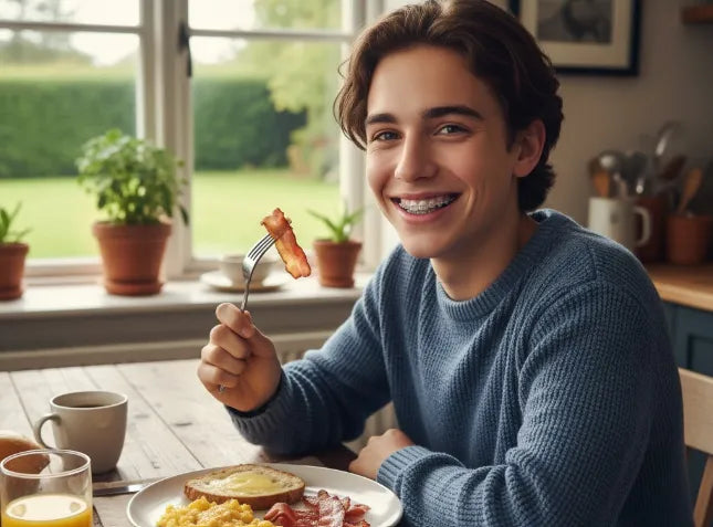 person with braces eating soft bacon breakfast