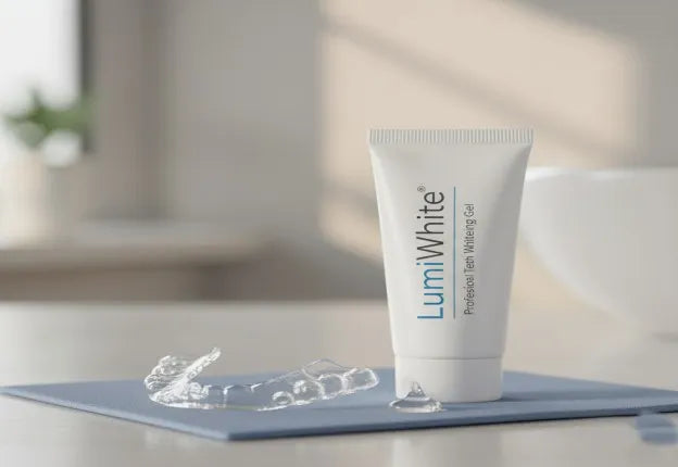 Close-up of a transparent night guard beside a whitening gel syringe on a clean white bathroom counter.