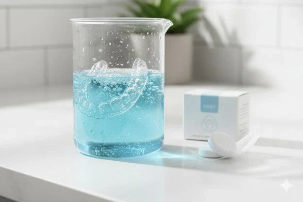 A clean, bright bathroom counter featuring a night guard case beside a toothbrush and glass of water — minimal, lifestyle aesthetic.