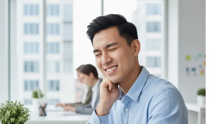 Professional setting: person rubbing their jaw or temple while working on a laptop or phone.