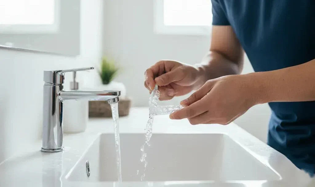 Person washing their night guard with water 