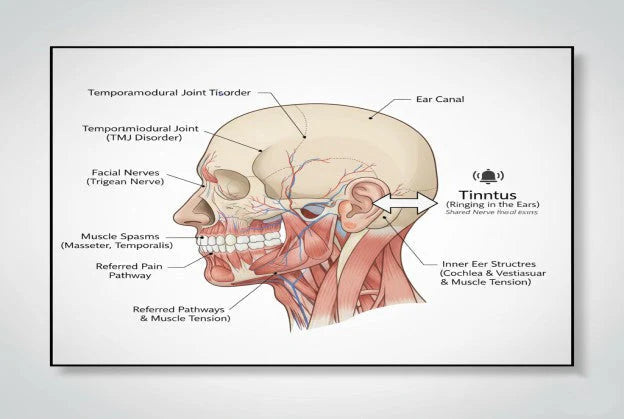 Diagram illustrating the connection between TMJ disorders and tinnitus
