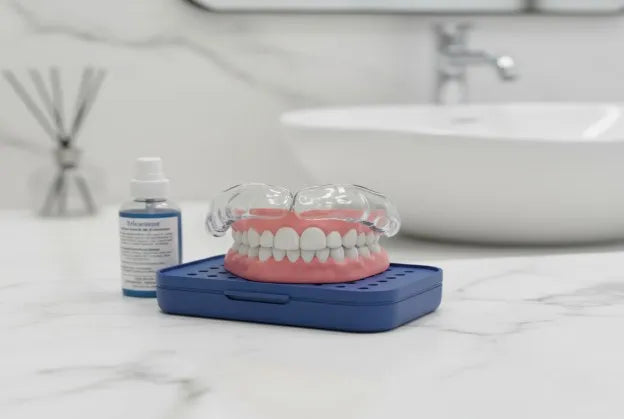 Here's an image of a custom-fit night guard designed for denture wearers.
