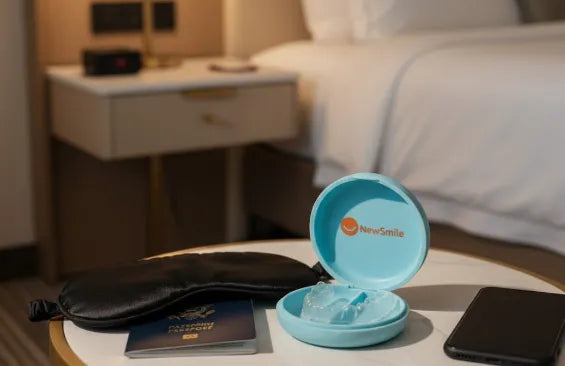 Night guard beside passport and sleep mask on hotel nightstand