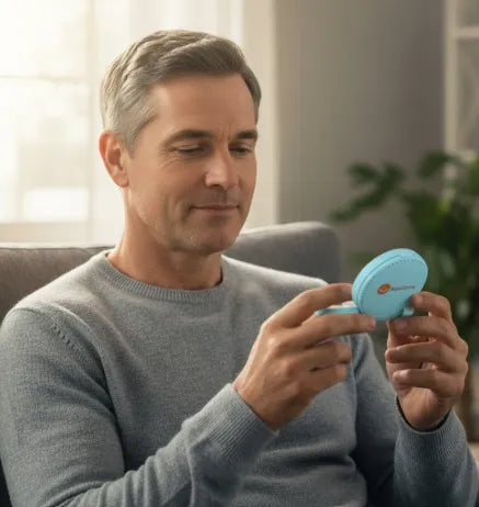 Middle-aged man resting in chair holding a clear night guard case.