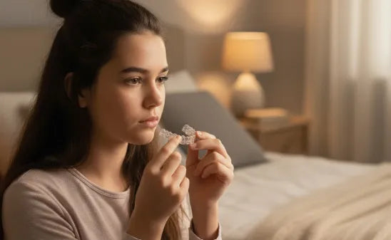 Teen girl preparing to wear a clear night guard before sleep
