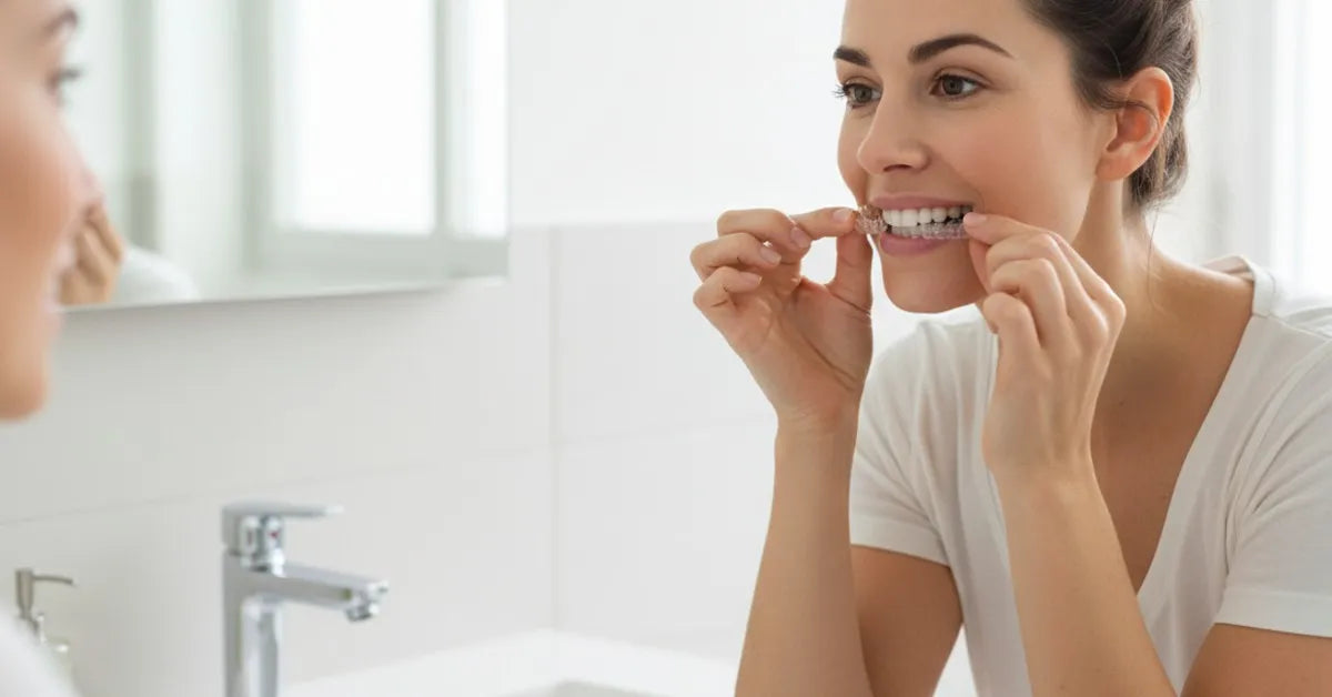 Adult removing Invisalign to safely whiten teeth using professional gel.