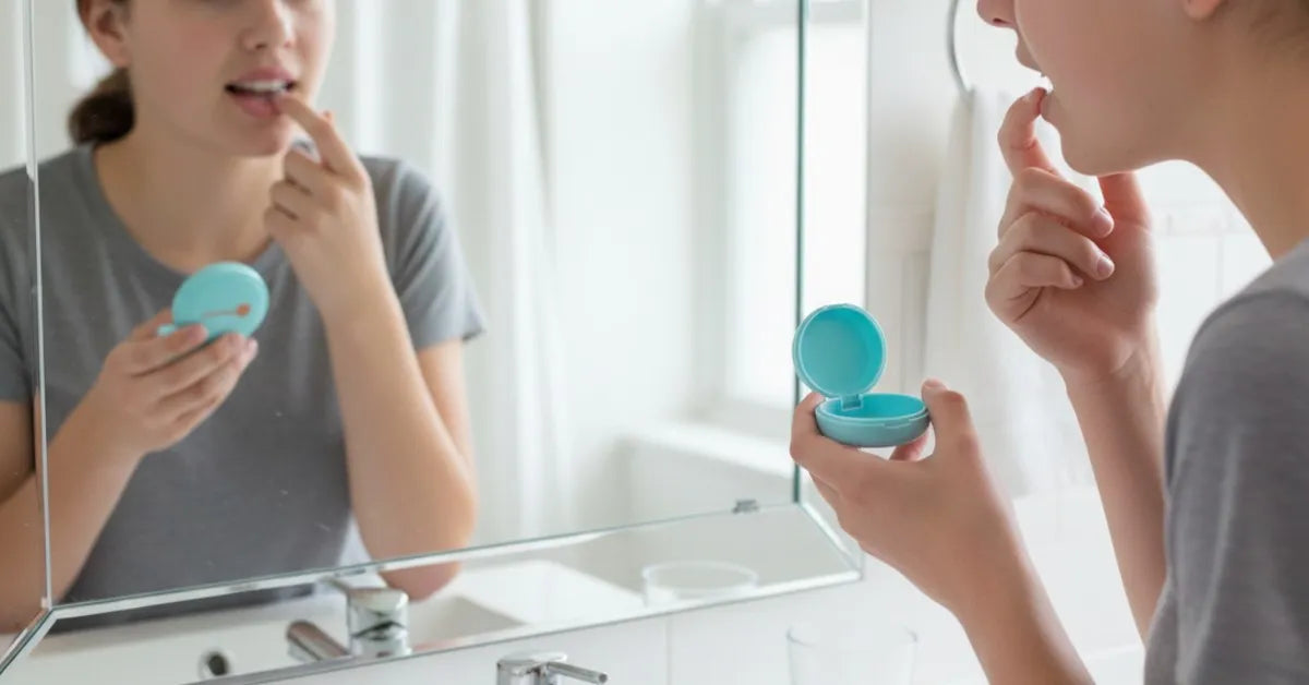 Teen removing aligners to brush teeth and prevent bad breath.