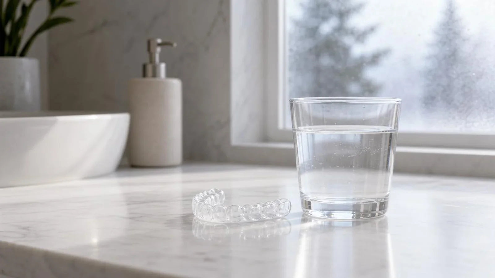 Single clear dental retainer on bathroom counter with morning light — NewSmile Canada single arch retainer for top or bottom teeth protection