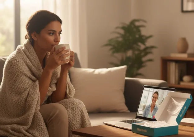 At-home clear aligner experience with NewSmile box beside a morning coffee setup.