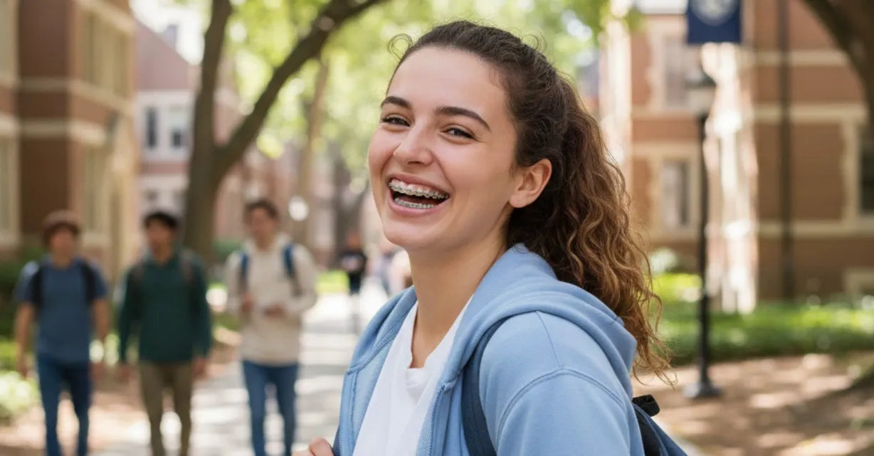 Teen smiling with metal braces showing aligned teeth in progress