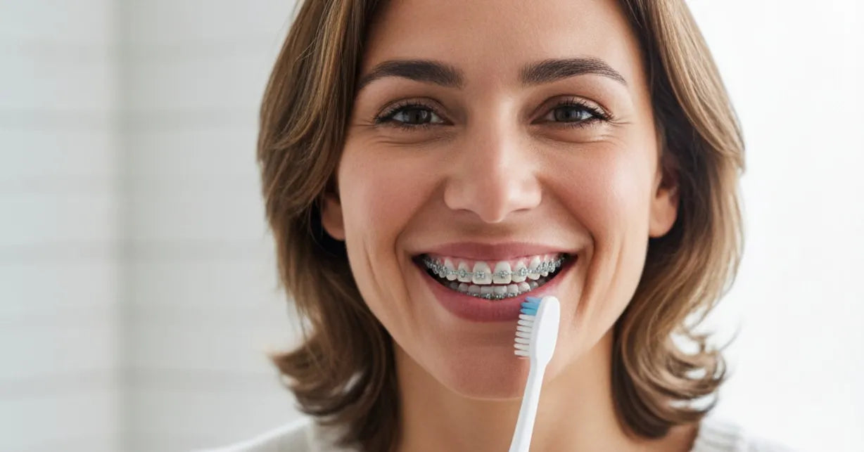 Adult demonstrating proper brushing with soft-bristle toothbrush and braces.