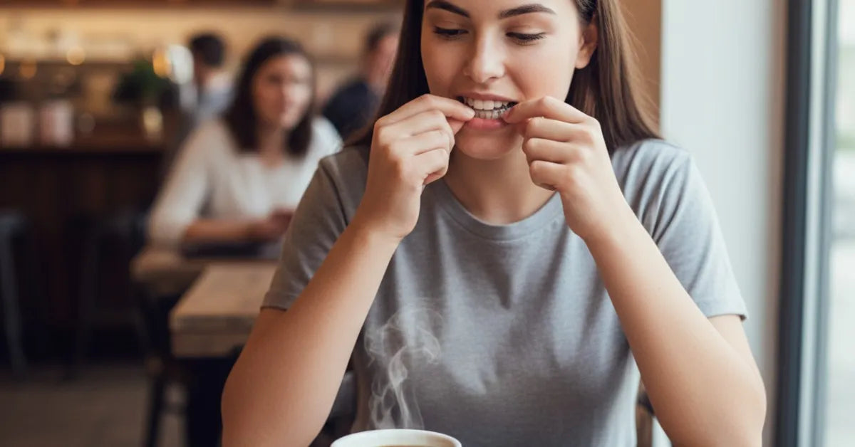 Teen removing aligners before consuming staining beverages to prevent yellowing.
